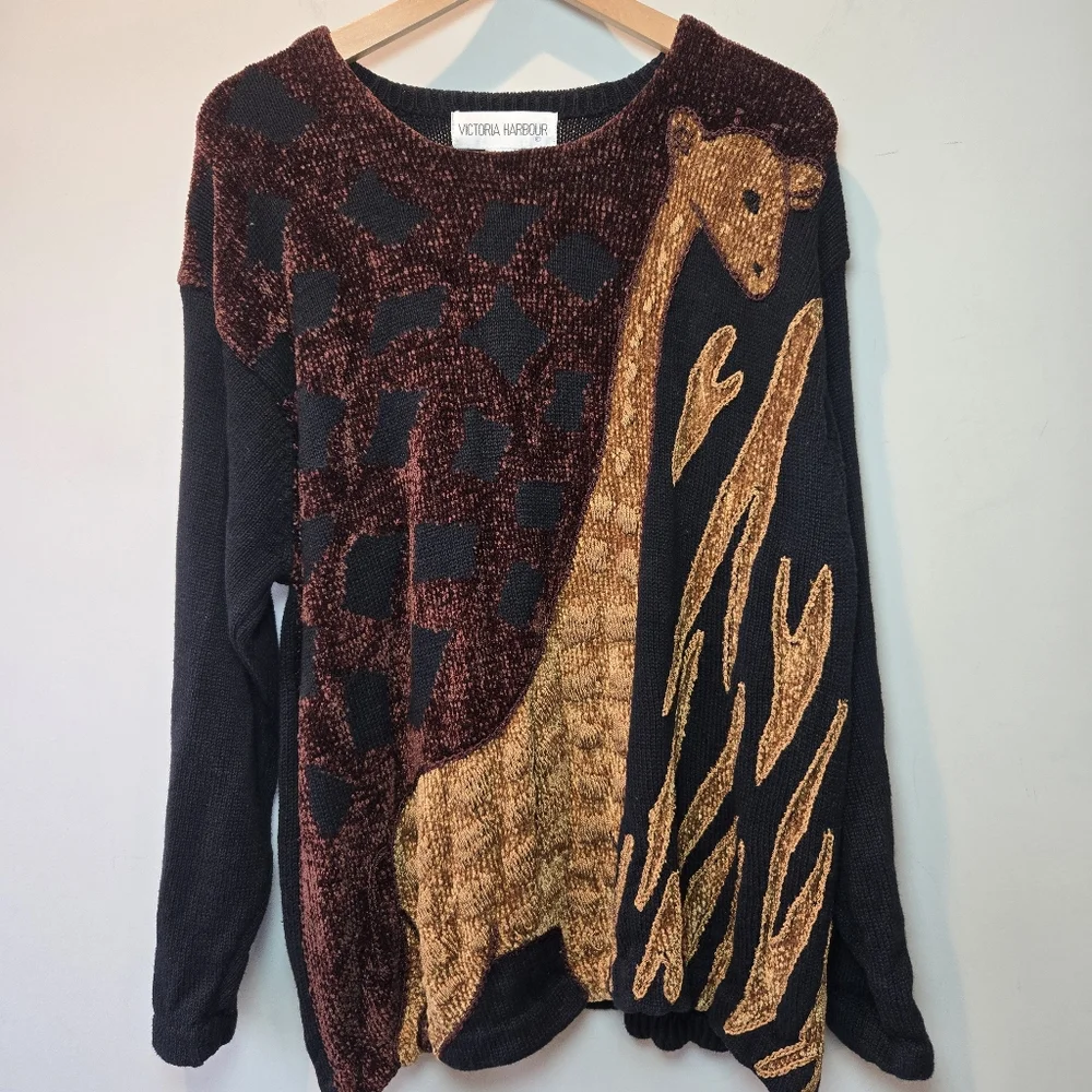 Vintage Victoria Harbour Sweater Giraffe Patterned Ramie Cotton Safari  XL Women